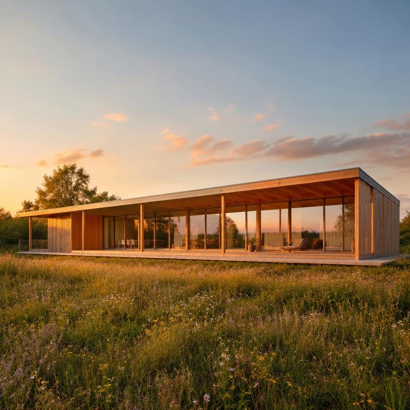 Aurora — long single-storey timber prefab house with glass ribbon in a meadow