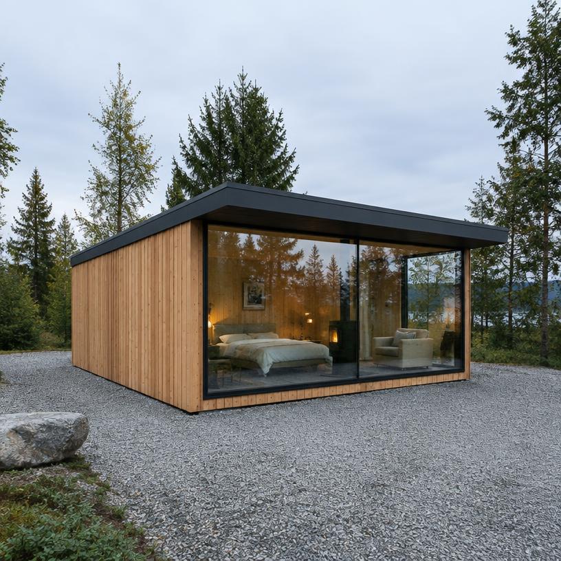 Kite — compact timber cabin prefab with flat black roof and glass wall