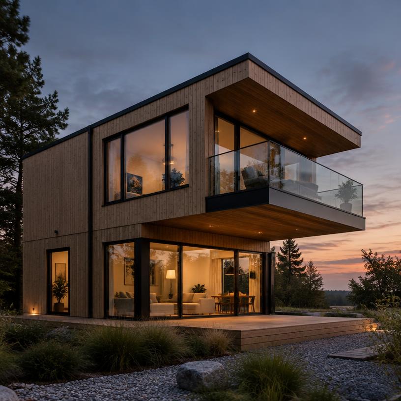 Loom — two-storey timber prefab house with cantilevered balcony at dusk